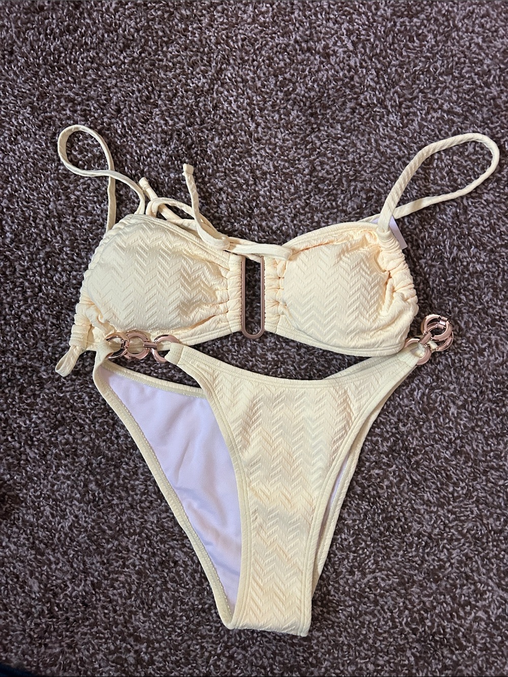 Textured Pale Yellow Bikini Set with Gold Rings